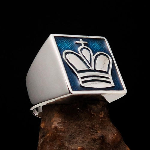 Perfectly crafted Men's Chess Player Ring King's Crown Blue - Sterling