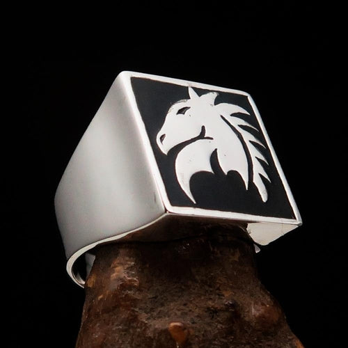 Excellent crafted Men's Chess Ring Horse Head Black - Sterling Silver