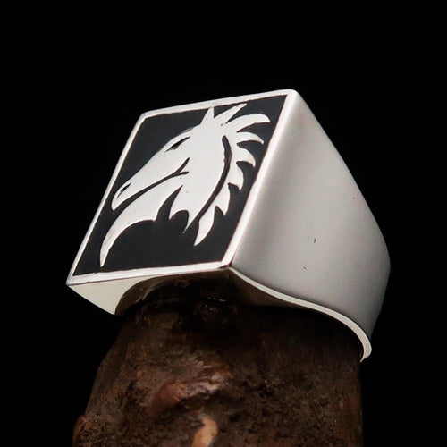 Excellent crafted Men's Chess Ring Horse Head Black - Sterling Silver