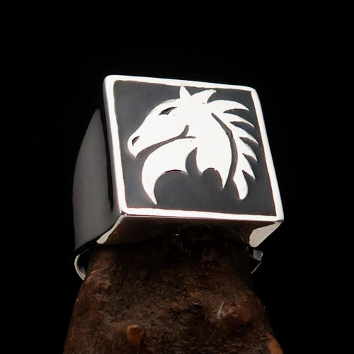Excellent crafted Men's Chess Ring Horse Head Black - Sterling Silver