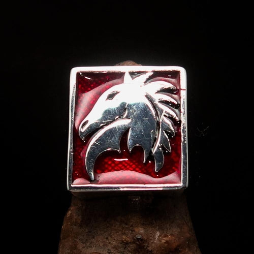 Excellent crafted Men's Chess Ring Horse Head Red - Sterling Silver