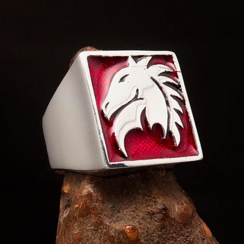 Excellent crafted Men's Chess Ring Horse Head Red - Sterling Silver