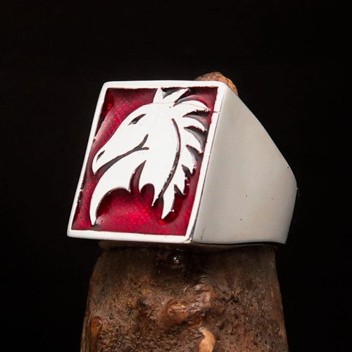 Excellent crafted Men's Chess Ring Horse Head Red - Sterling Silver