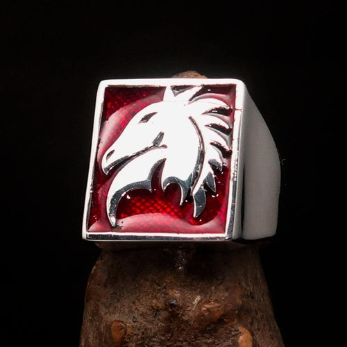 Excellent crafted Men's Chess Ring Horse Head Red - Sterling Silver