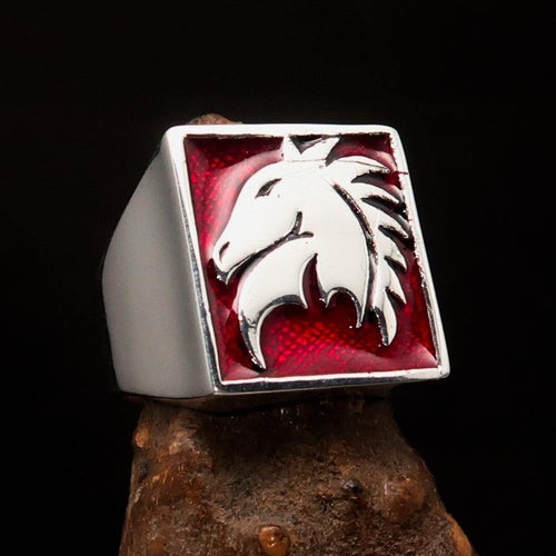 Excellent crafted Men's Chess Ring Horse Head Red - Sterling Silver