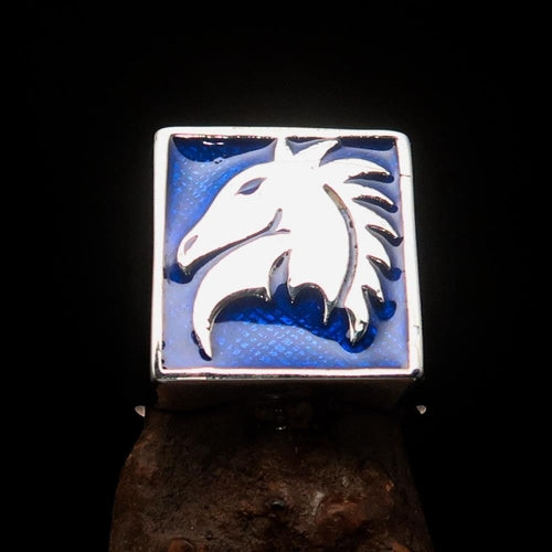Excellent crafted Men's Chess Ring Horse Head Blue - Sterling Silver