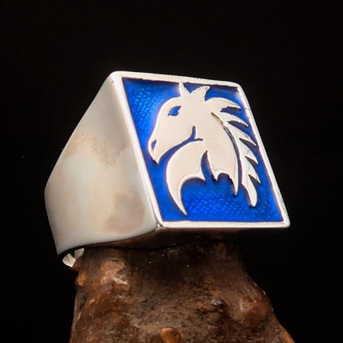 Excellent crafted Men's Chess Ring Horse Head Blue - Sterling Silver