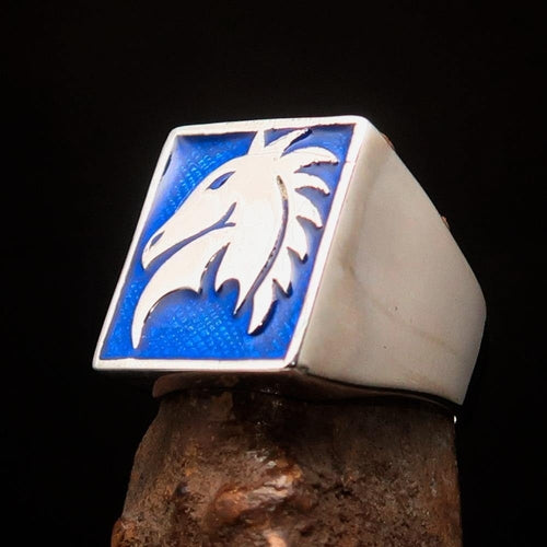 Excellent crafted Men's Chess Ring Horse Head Blue - Sterling Silver
