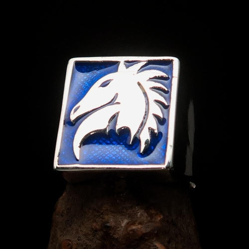 Excellent crafted Men's Chess Ring Horse Head Blue - Sterling Silver