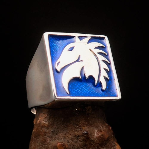Excellent crafted Men's Chess Ring Horse Head Blue - Sterling Silver