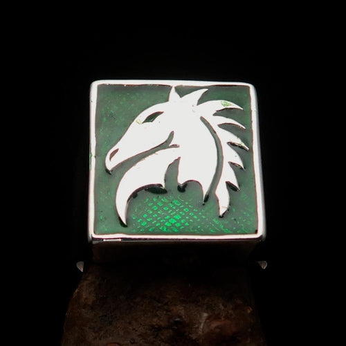 Excellent crafted Men's Chess Ring Horse Head green - Sterling Silver