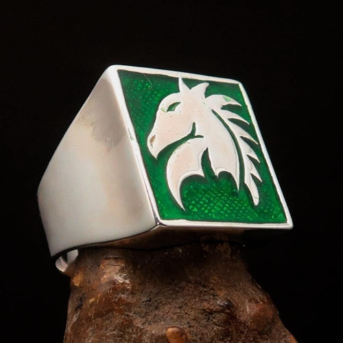 Excellent crafted Men's Chess Ring Horse Head green - Sterling Silver