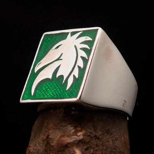Excellent crafted Men's Chess Ring Horse Head green - Sterling Silver