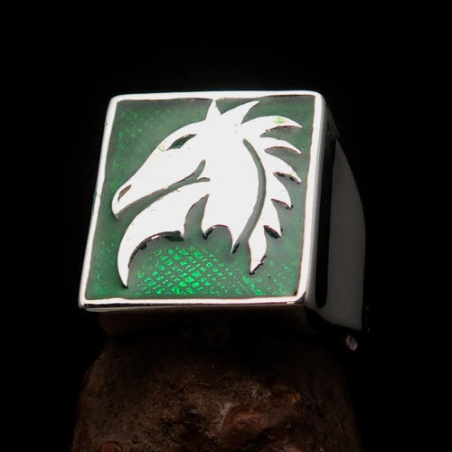 Excellent crafted Men's Chess Ring Horse Head green - Sterling Silver