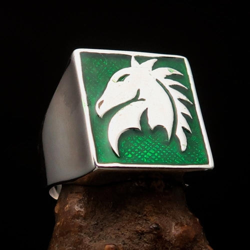 Excellent crafted Men's Chess Ring Horse Head green - Sterling Silver