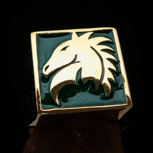 Excellent crafted Men's Chess Ring green Horse Head - Solid Brass