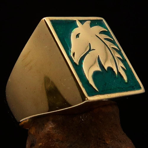 Excellent crafted Men's Chess Ring green Horse Head - Solid Brass
